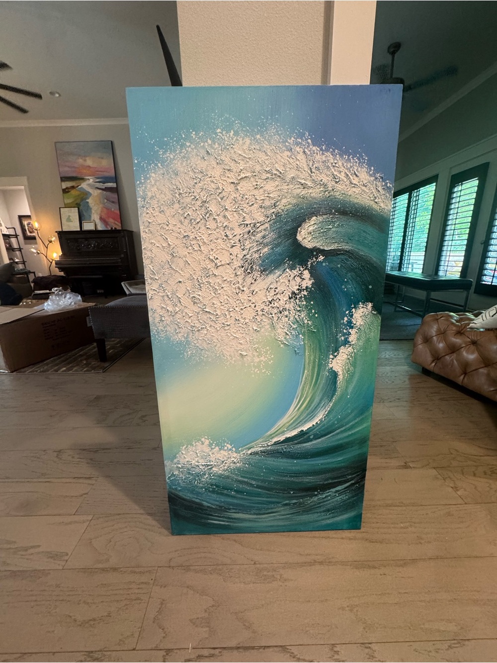 Large Ocean Wave Canvas Painting - Teal & White